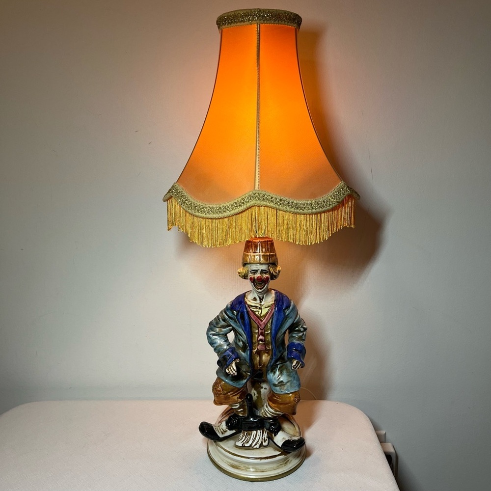 Vintage Clown Table Lamp with Old Shade. Made in Italy. CAPO DI MONTE.